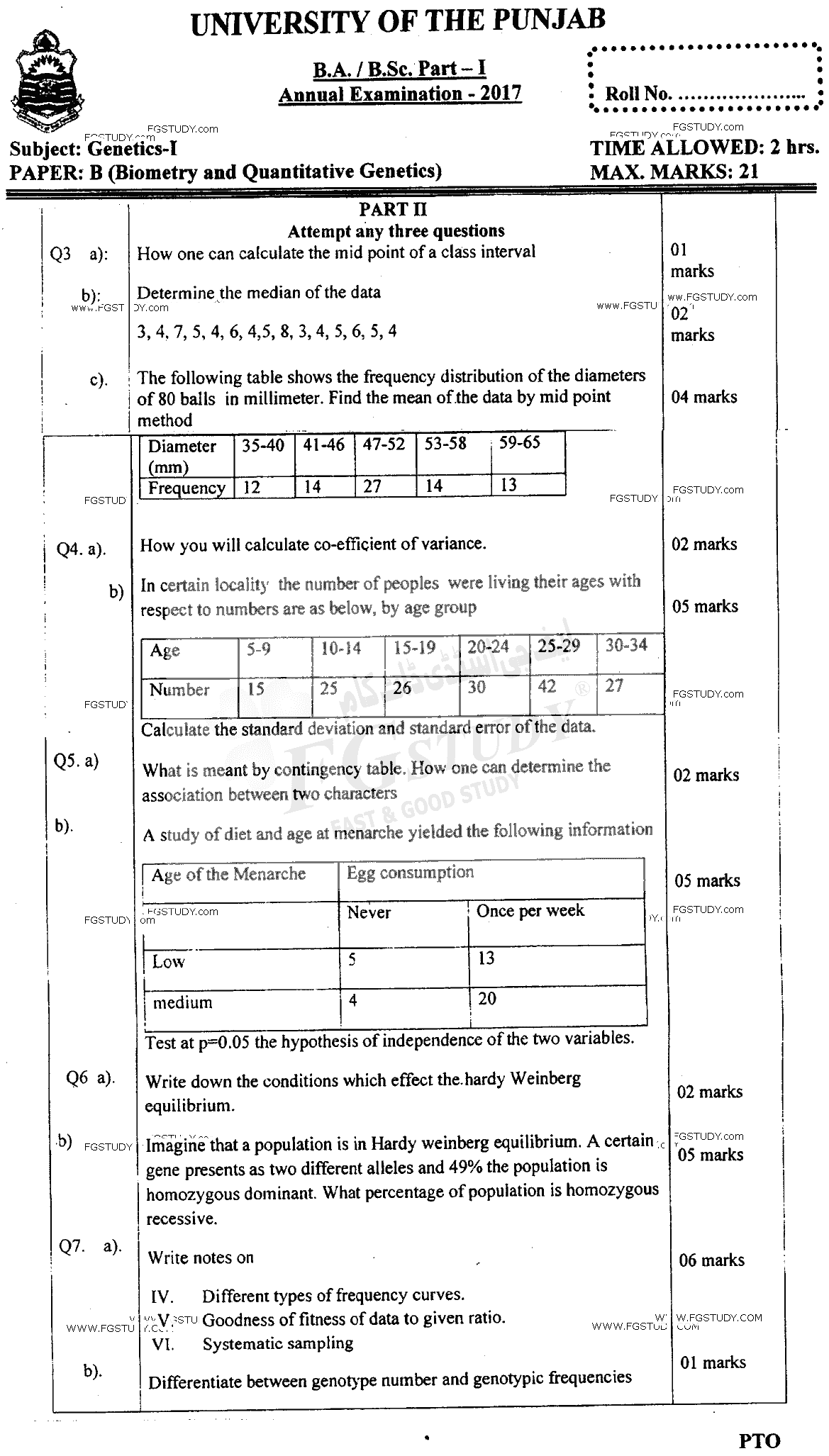 BSc Part 1 Genetics 1 Biometry And Quantitative Genetics Past Paper 2017 Punjab University