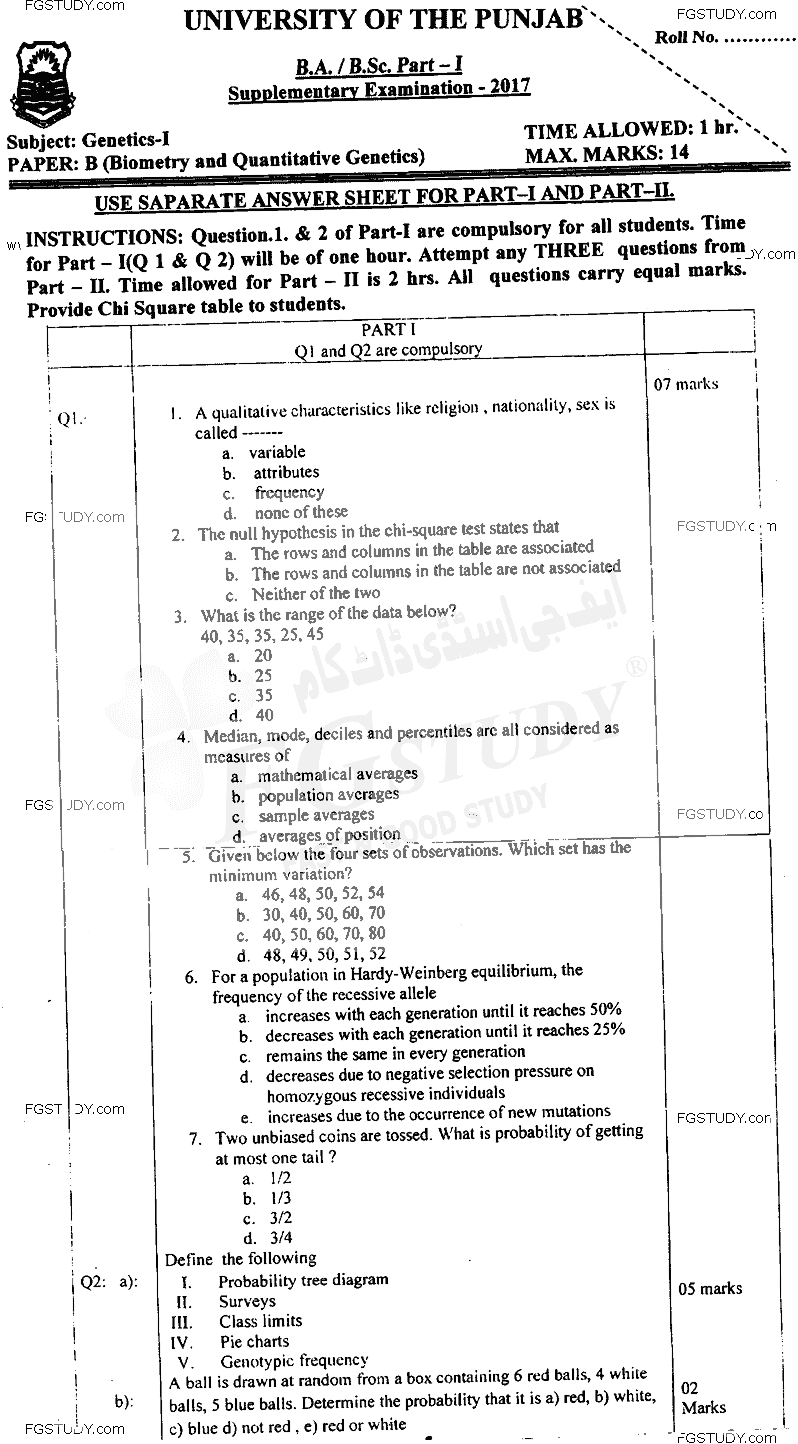 BSc Part 1 Genetics 1 Biometry And Quantitative Genetics Past Paper 2017 Punjab University