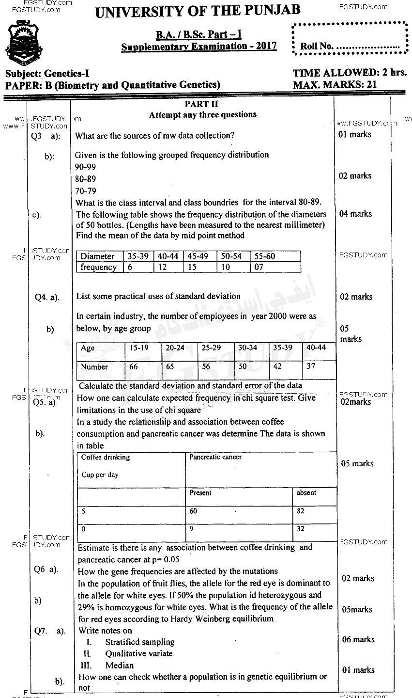 BSc Part 1 Genetics 1 Biometry And Quantitative Genetics Past Paper 2017 Punjab University