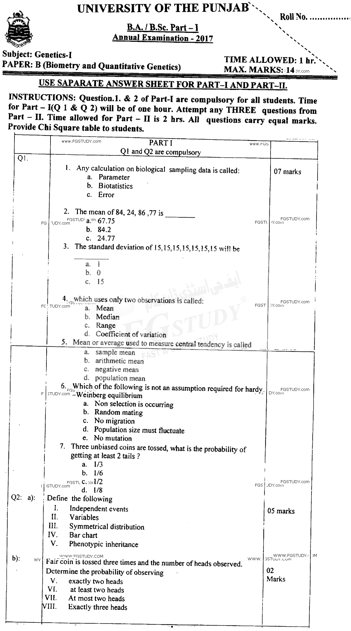 BSc Part 1 Genetics 1 Biometry And Quantitative Genetics Past Paper 2017 Punjab University