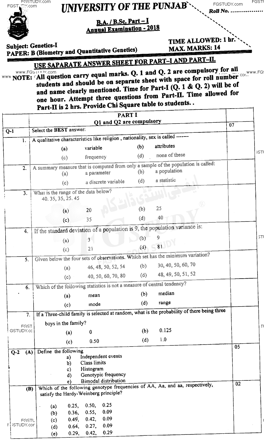 BSc Part 1 Genetics 1 Biometry And Quantitative Genetics Past Paper 2018 Punjab University Objective