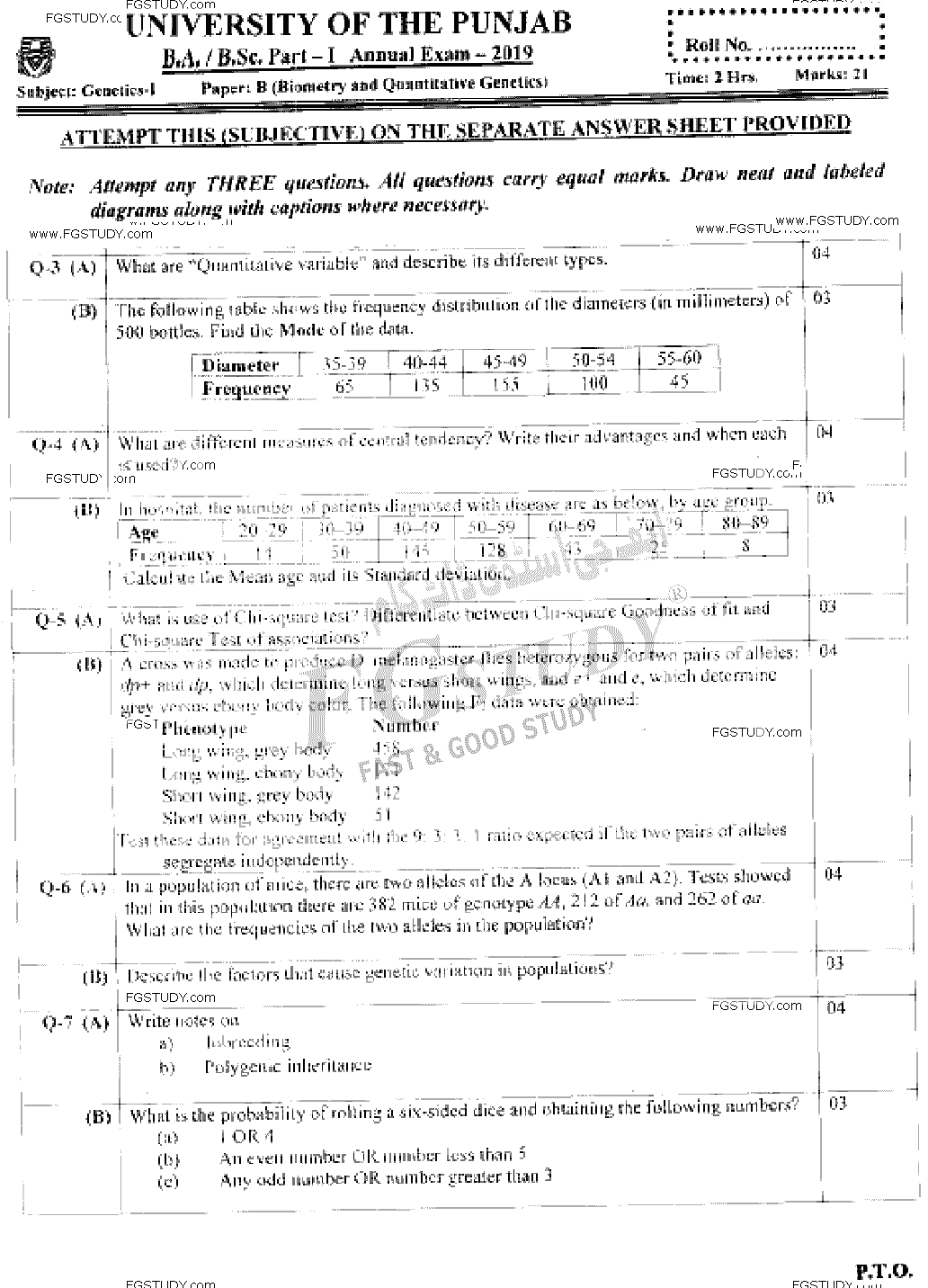 BSc Part 1 Genetics 1 Biometry And Quantitative Genetics Past Paper 2019 Punjab University Subjective