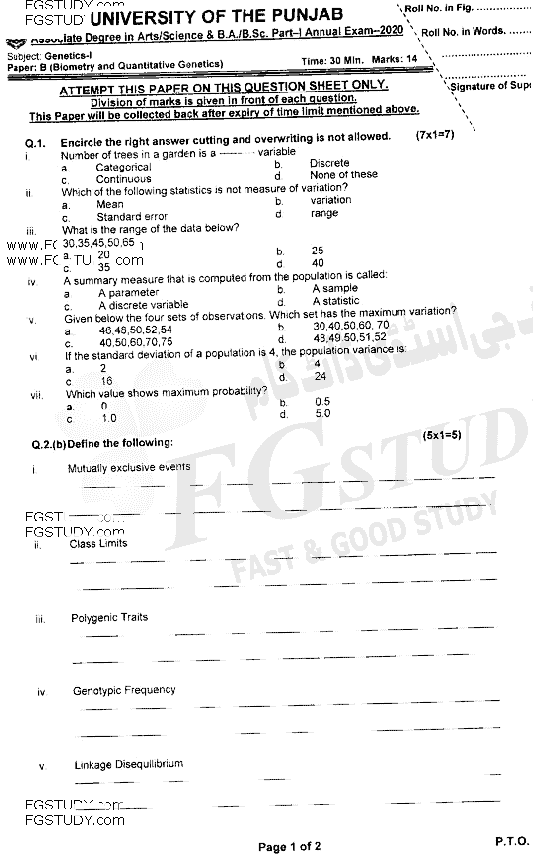 BSc Part 1 Genetics 1 Biometry And Quantitative Genetics Past Paper 2020 Punjab University Objective