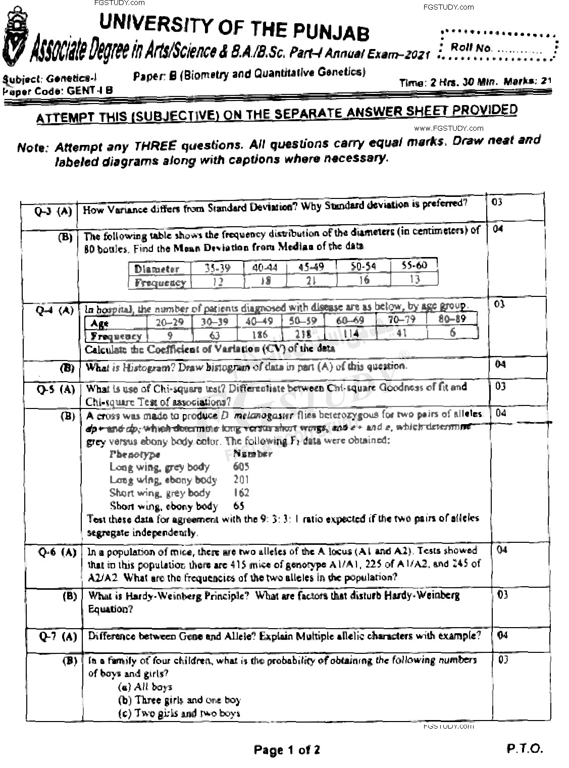 BSc Part 1 Genetics 1 Biometry And Quantitative Genetics Past Paper 2021 Punjab University Subjective