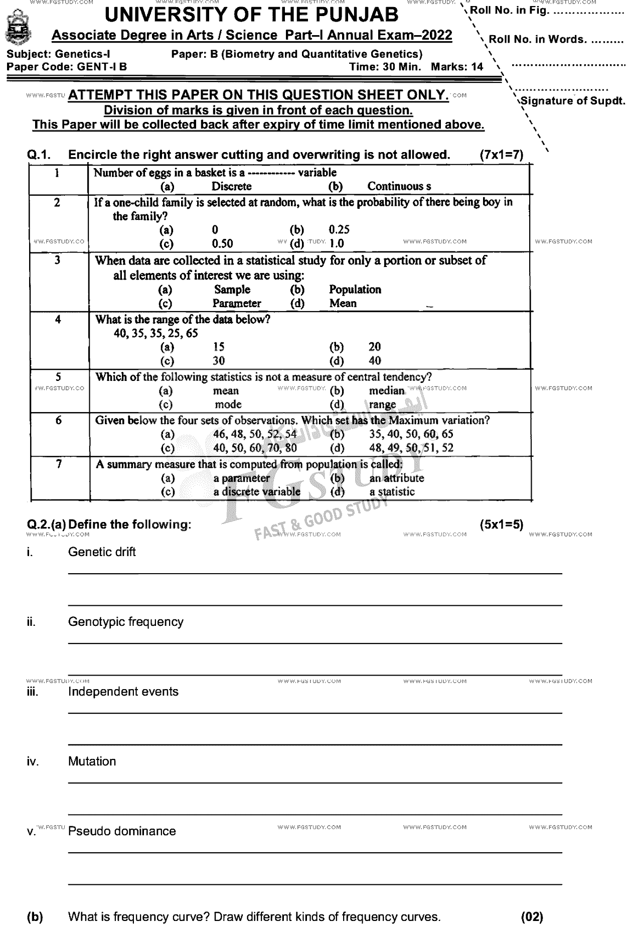 BSc Part 1 Genetics 1 Biometry And Quantitative Genetics Past Paper 2022 Punjab University Objective