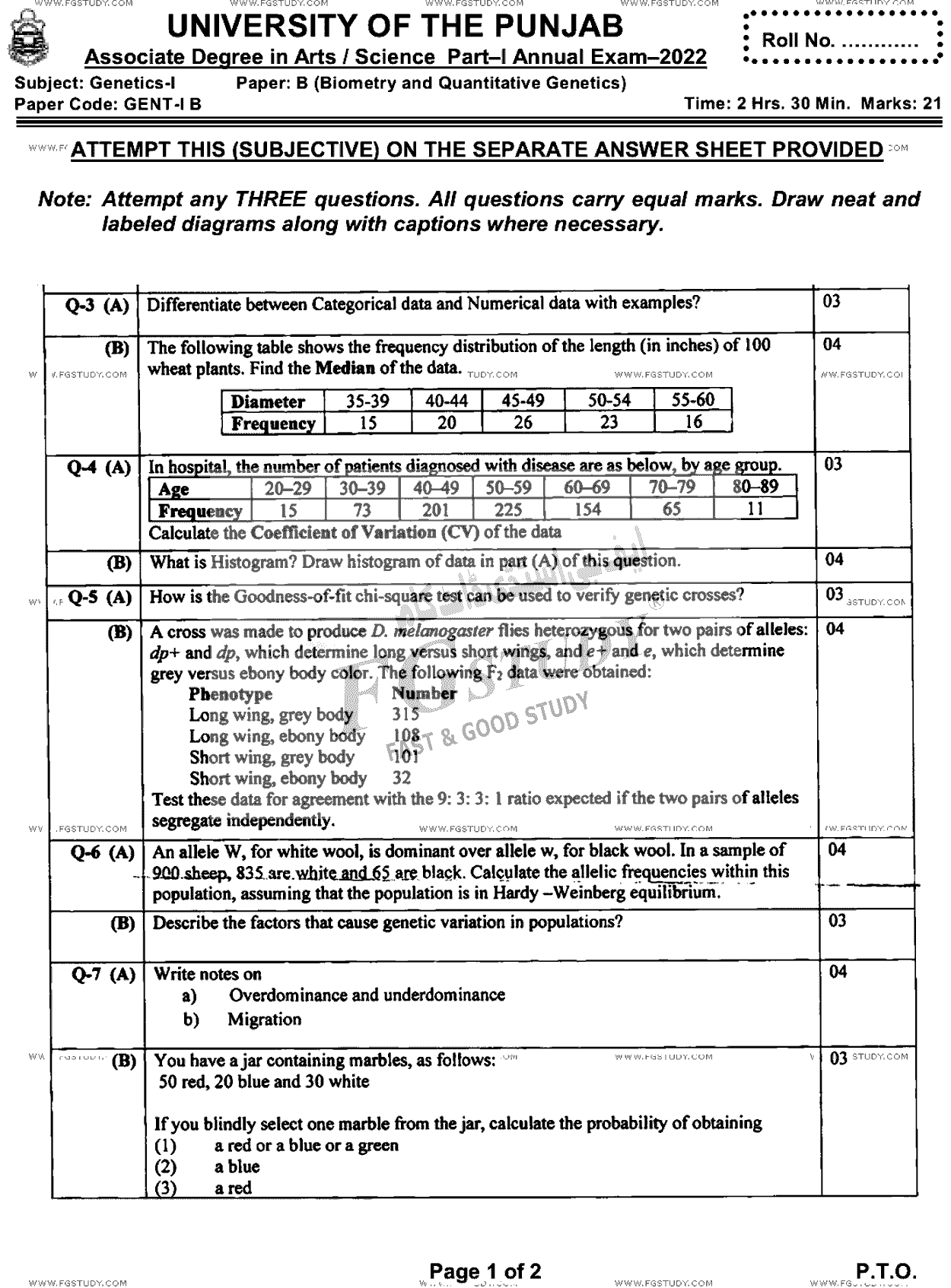 BSc Part 1 Genetics 1 Biometry And Quantitative Genetics Past Paper 2022 Punjab University Subjective