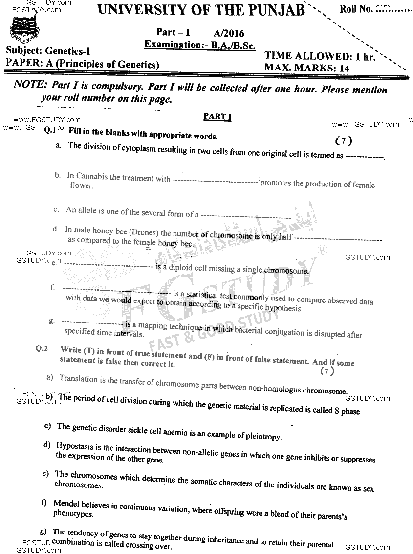 BSc Part 1 Genetics 1 Principles Of Genetics Past Paper 2016 Punjab University