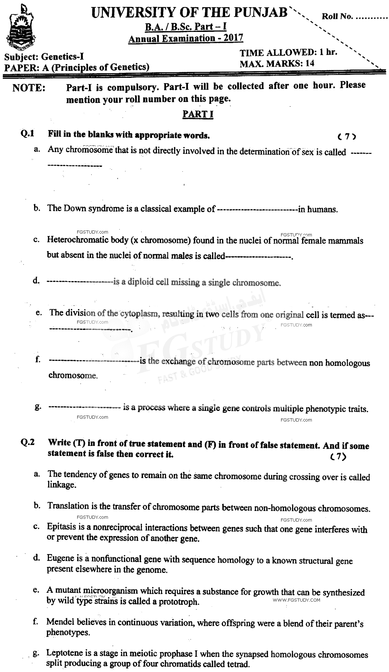 BSc Part 1 Genetics 1 Principles Of Genetics Past Paper 2017 Punjab University