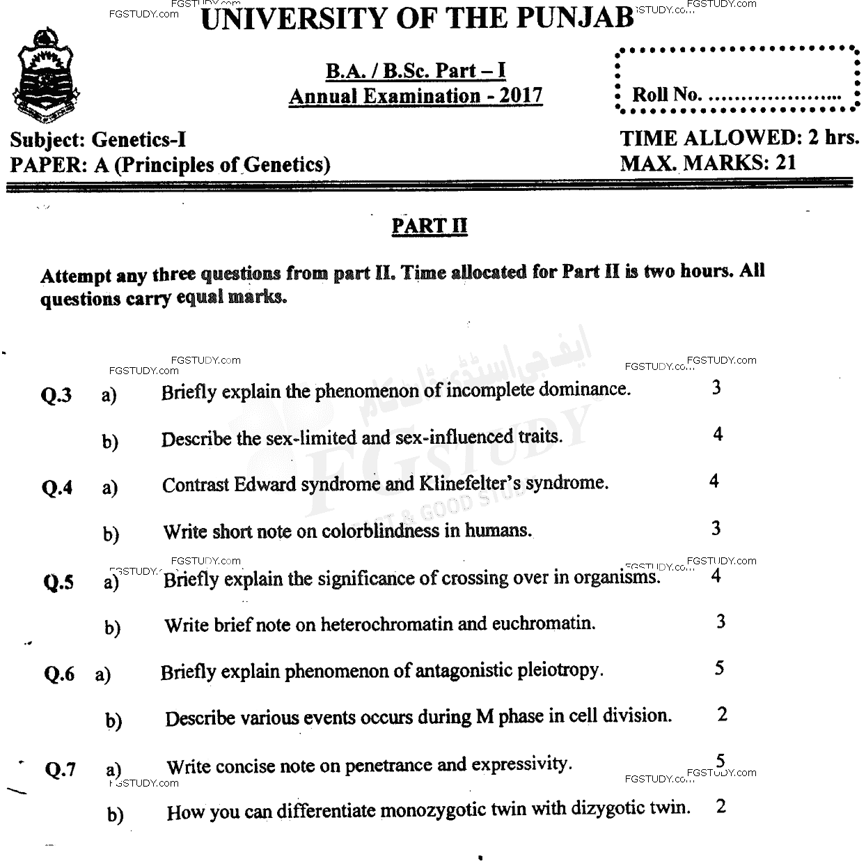 BSc Part 1 Genetics 1 Principles Of Genetics Past Paper 2017 Punjab University