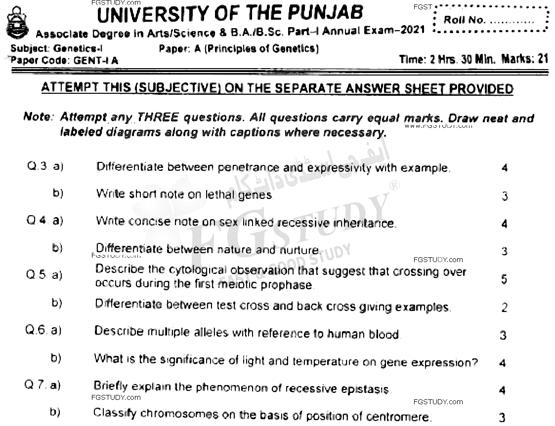 BSc Part 1 Genetics 1 Principles Of Genetics Past Paper 2021 Punjab University Subjective