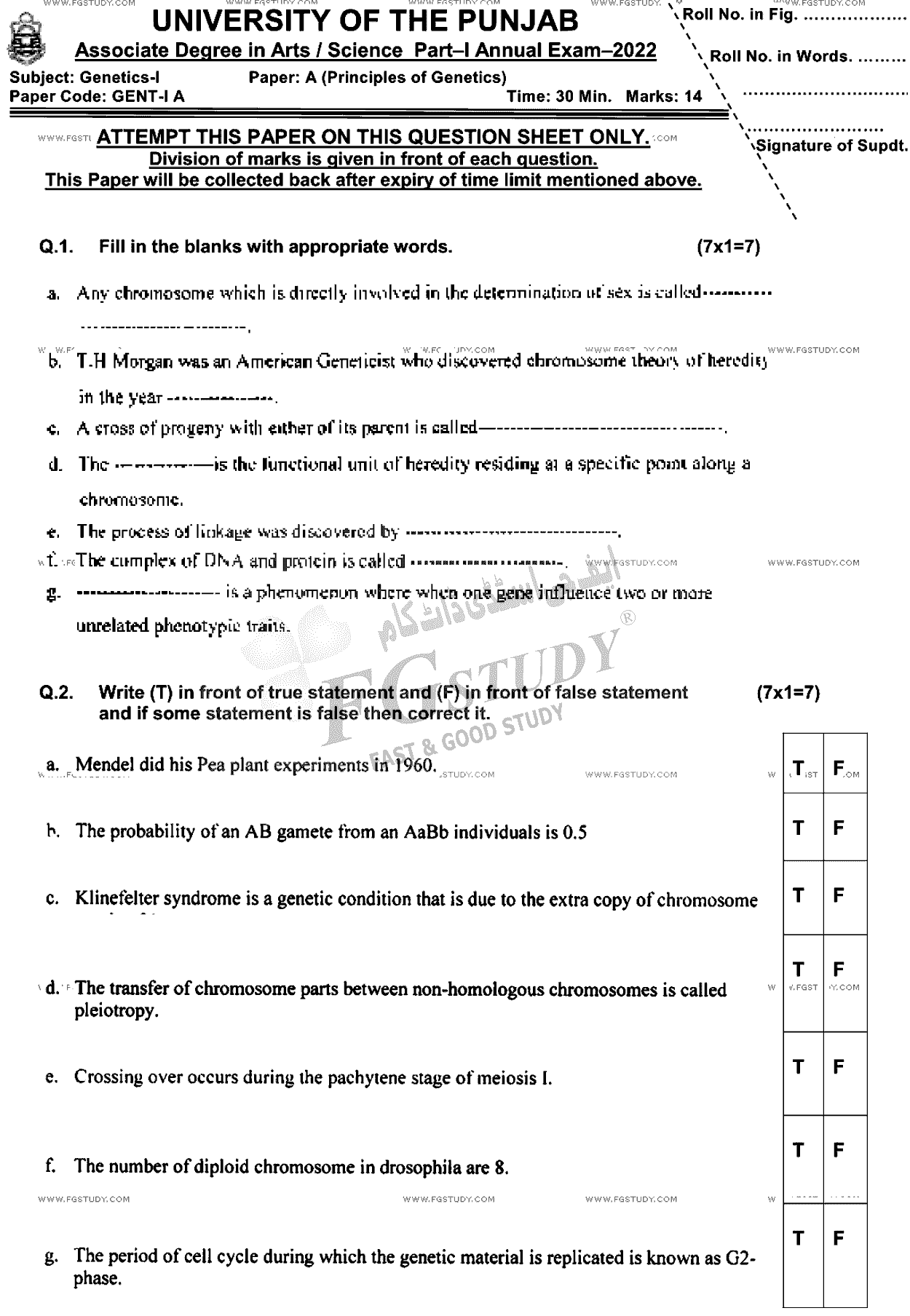 BSc Part 1 Genetics 1 Principles Of Genetics Past Paper 2022 Punjab University Objective