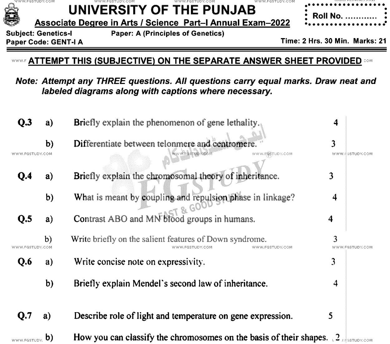 BSc Part 1 Genetics 1 Principles Of Genetics Past Paper 2022 Punjab University Subjective