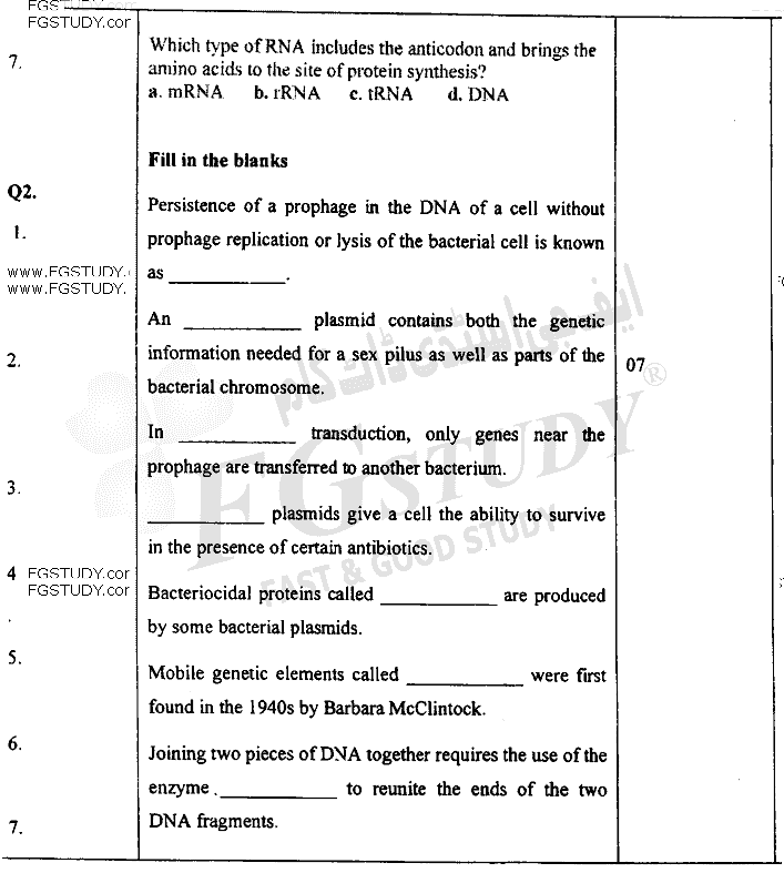 BSc Part 1 Genetics 2 Molecular And Microbial Genetics Past Paper 2018 Punjab University Objective