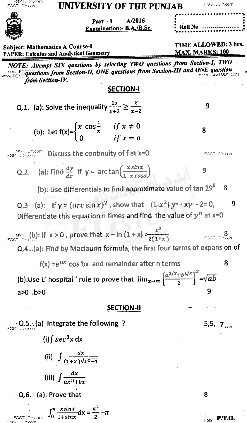 BSc Part 1 Mathematics A Course 1 Calculus And Analytical Geometry Past Paper 2016 Punjab University