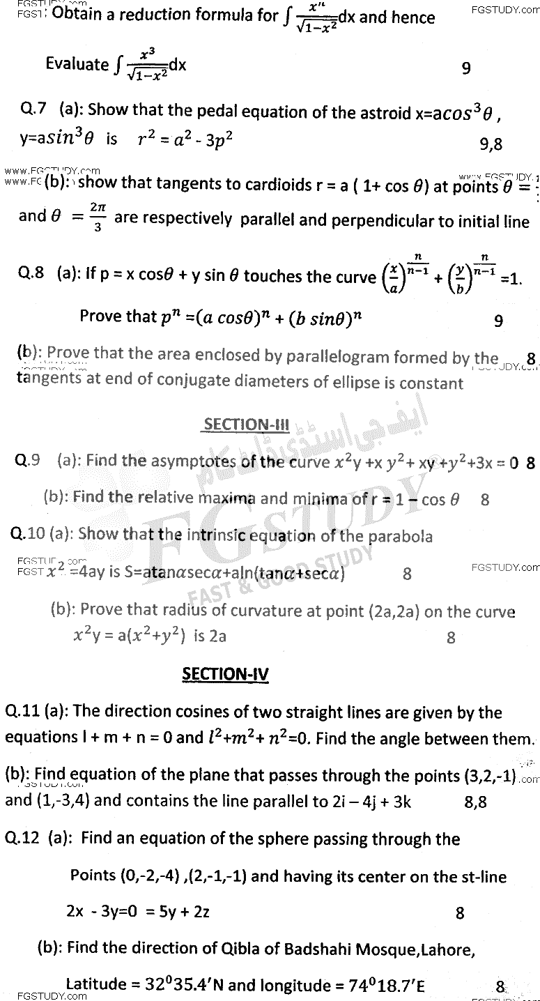 BSc Part 1 Mathematics A Course 1 Calculus And Analytical Geometry Past Paper 2016 Punjab University