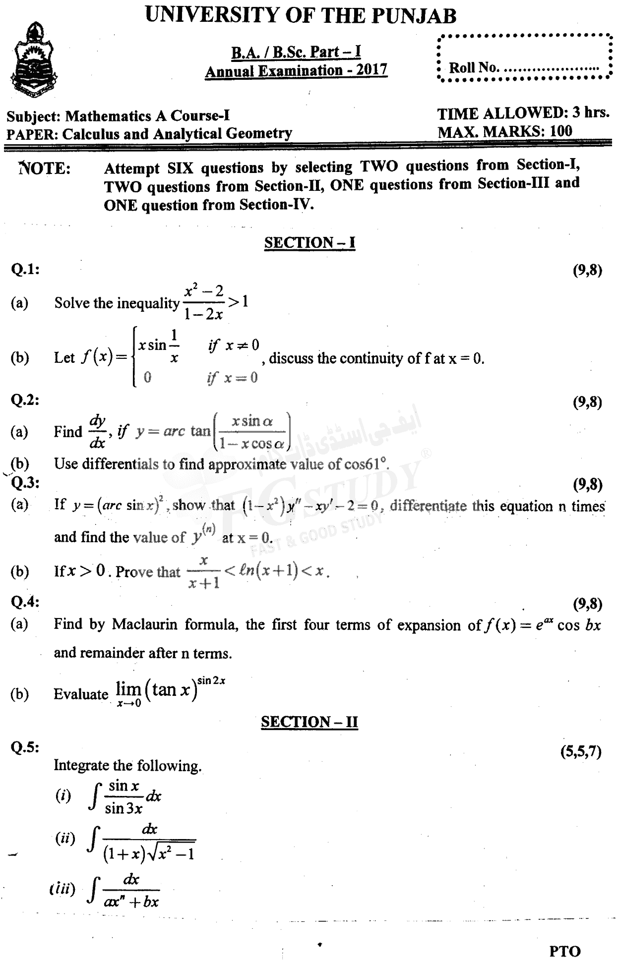 BSc Part 1 Mathematics A Course 1 Calculus And Analytical Geometry Past Paper 2017 Punjab University