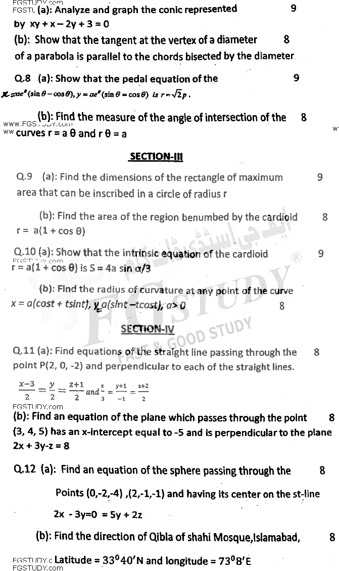 BSc Part 1 Mathematics A Course 1 Calculus And Analytical Geometry Past Paper 2017 Punjab University