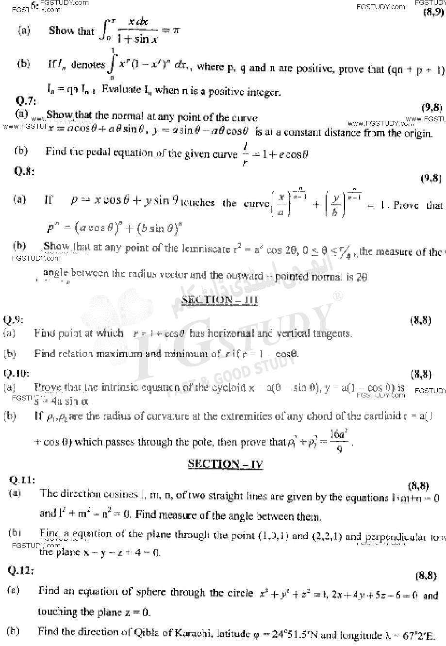 BSc Part 1 Mathematics A Course 1 Calculus And Analytical Geometry Past Paper 2019 Punjab University