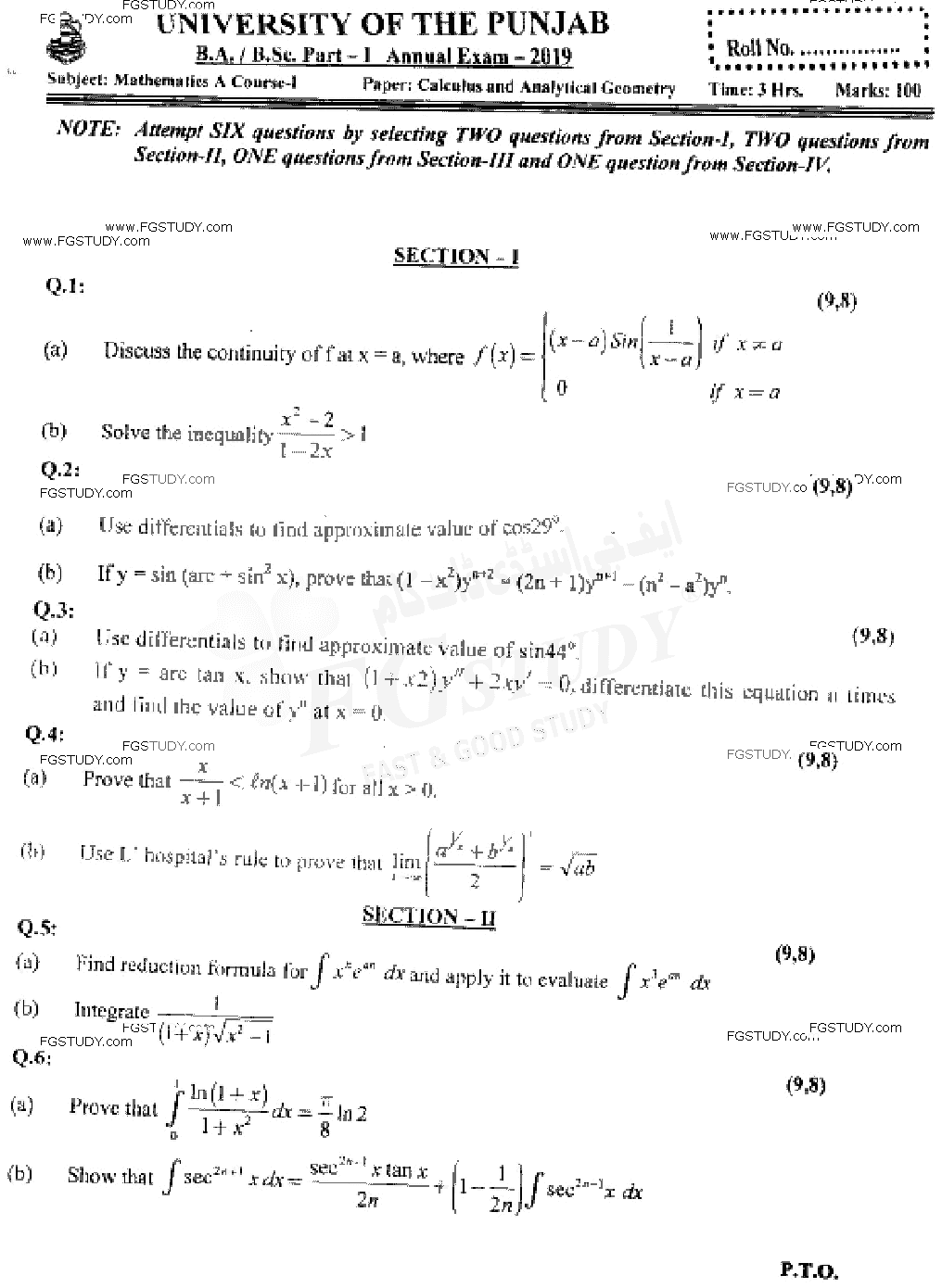 BSc Part 1 Mathematics A Course 1 Calculus And Analytical Geometry Past Paper 2019 Punjab University