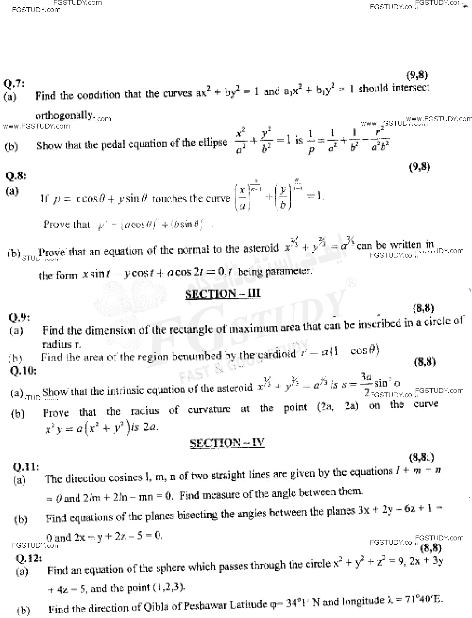 BSc Part 1 Mathematics A Course 1 Calculus And Analytical Geometry Past Paper 2019 Punjab University