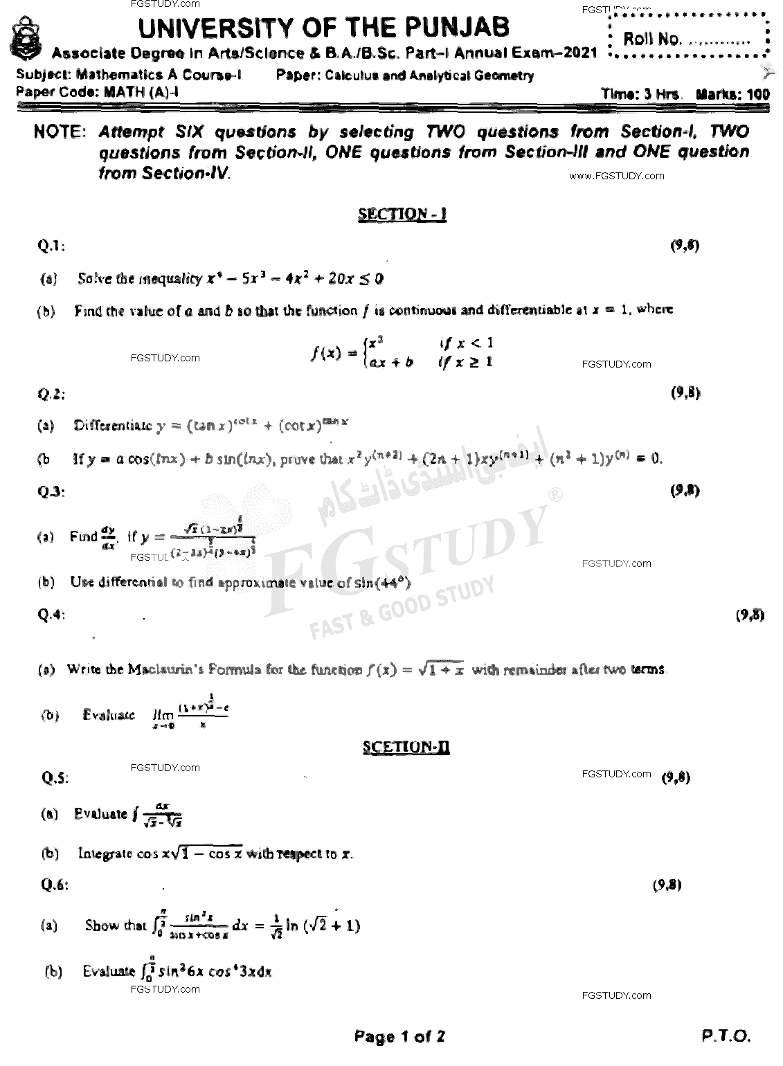 BSc Part 1 Mathematics A Course 1 Calculus And Analytical Geometry Past Paper 2021 Punjab University Subjective