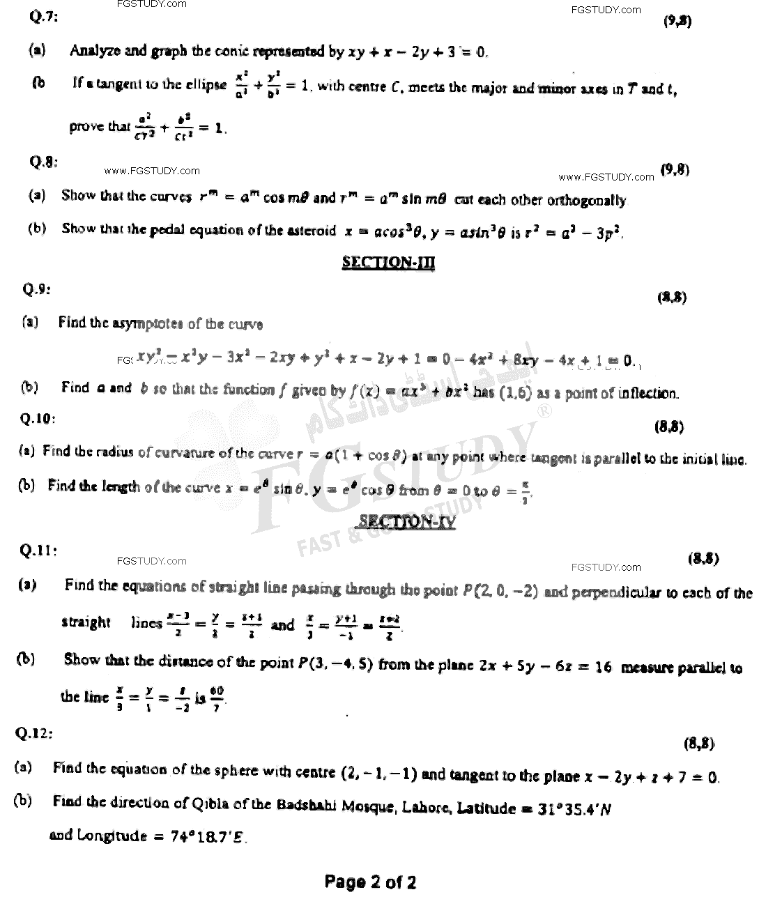 BSc Part 1 Mathematics A Course 1 Calculus And Analytical Geometry Past Paper 2021 Punjab University Subjective