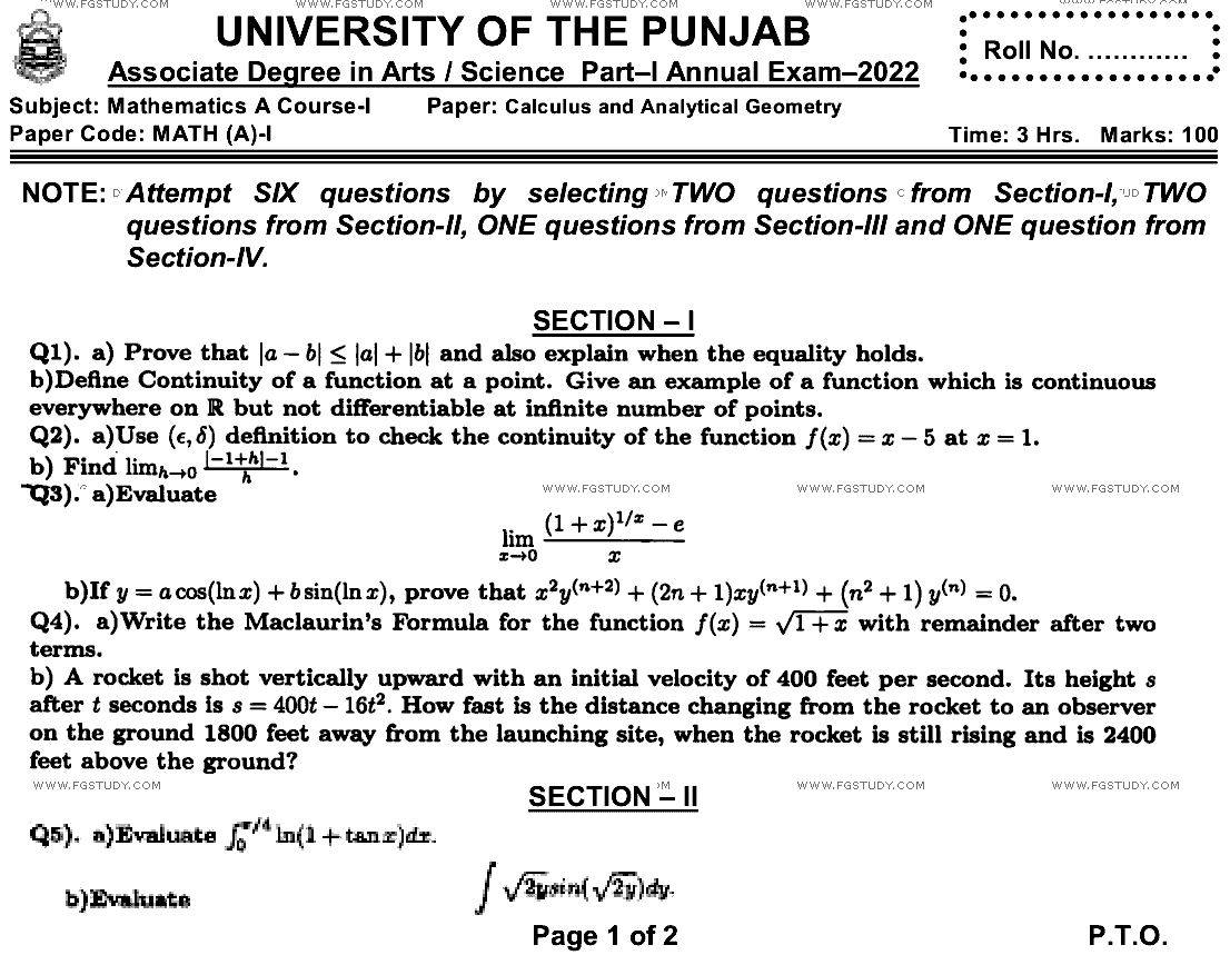 BSc Part 1 Mathematics A Course 1 Calculus And Analytical Geometry Past Paper 2022 Punjab University Subjective