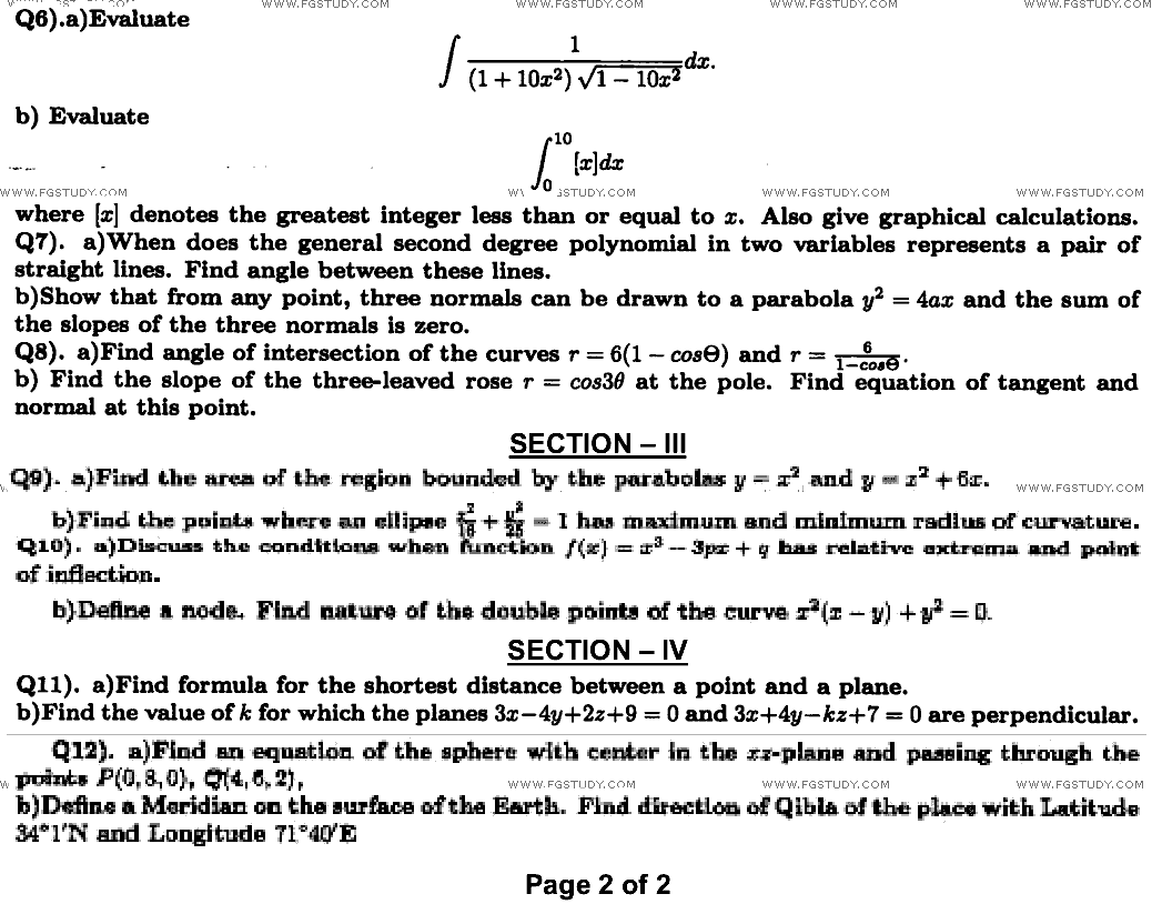 BSc Part 1 Mathematics A Course 1 Calculus And Analytical Geometry Past Paper 2022 Punjab University Subjective