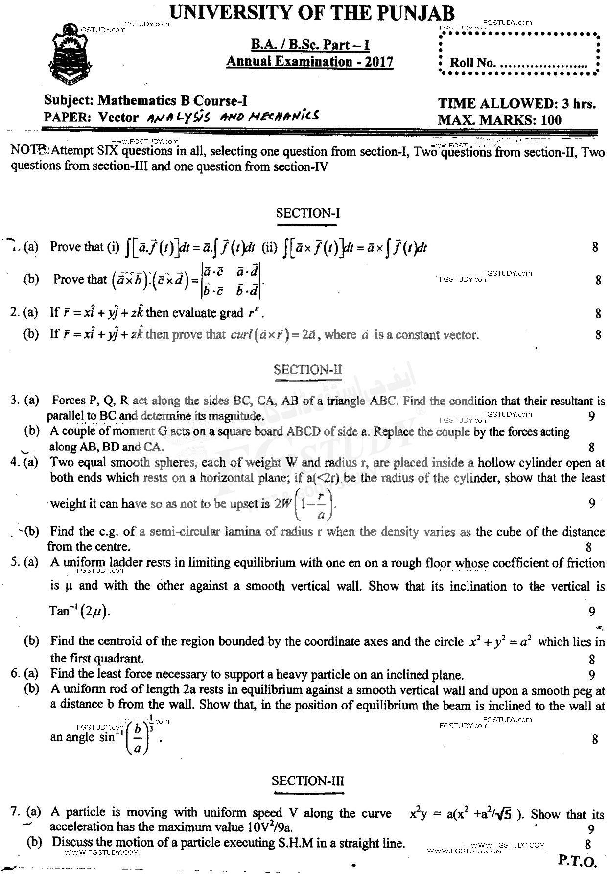 BSc Part 1 Mathematics B Course 1 Vector Analysis And Mechanics Past Paper 2017 Punjab University