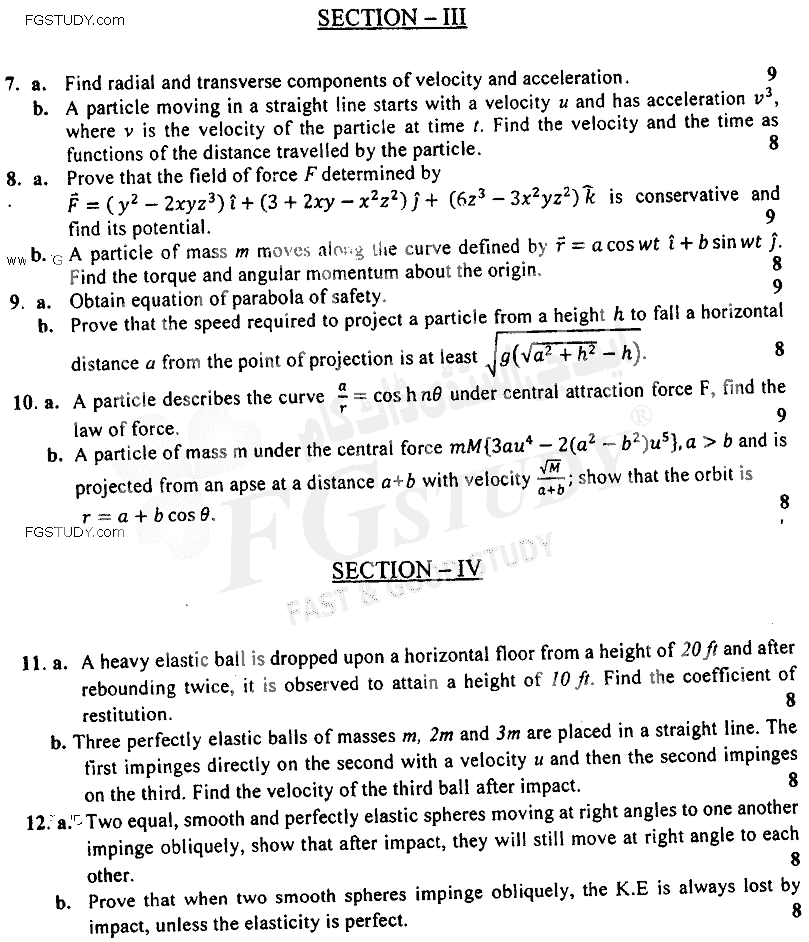 BSc Part 1 Mathematics B Course 1 Vector Analysis And Mechanics Past Paper 2018 Punjab University