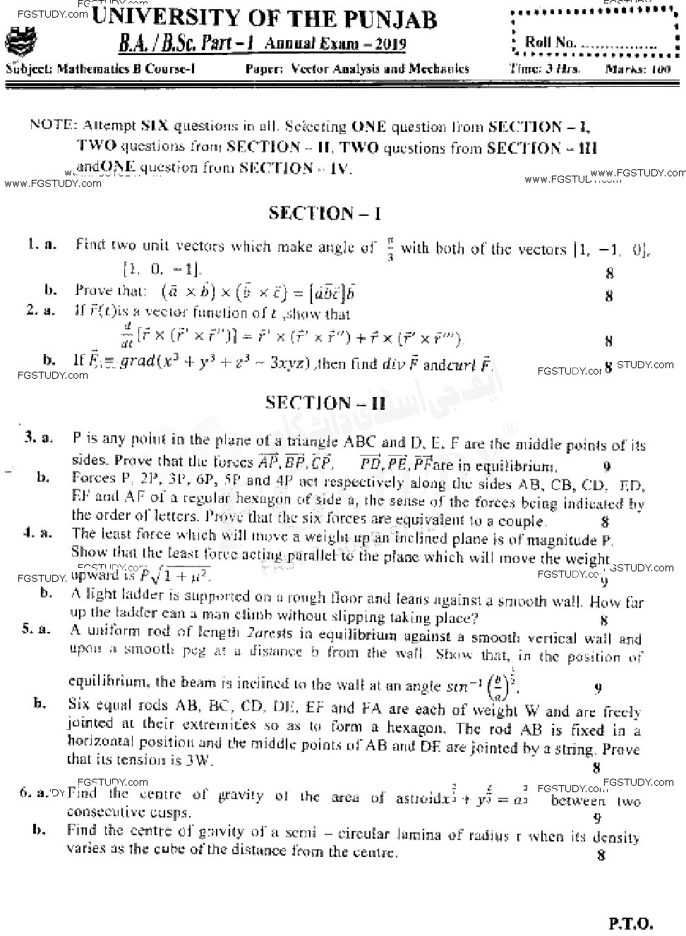 BSc Part 1 Mathematics B Course 1 Vector Analysis And Mechanics Past Paper 2019 Punjab University