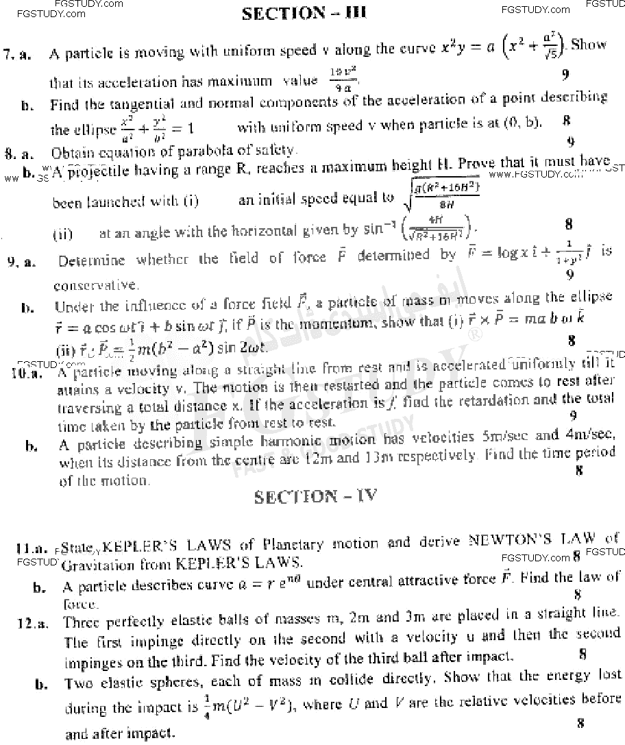 BSc Part 1 Mathematics B Course 1 Vector Analysis And Mechanics Past Paper 2019 Punjab University