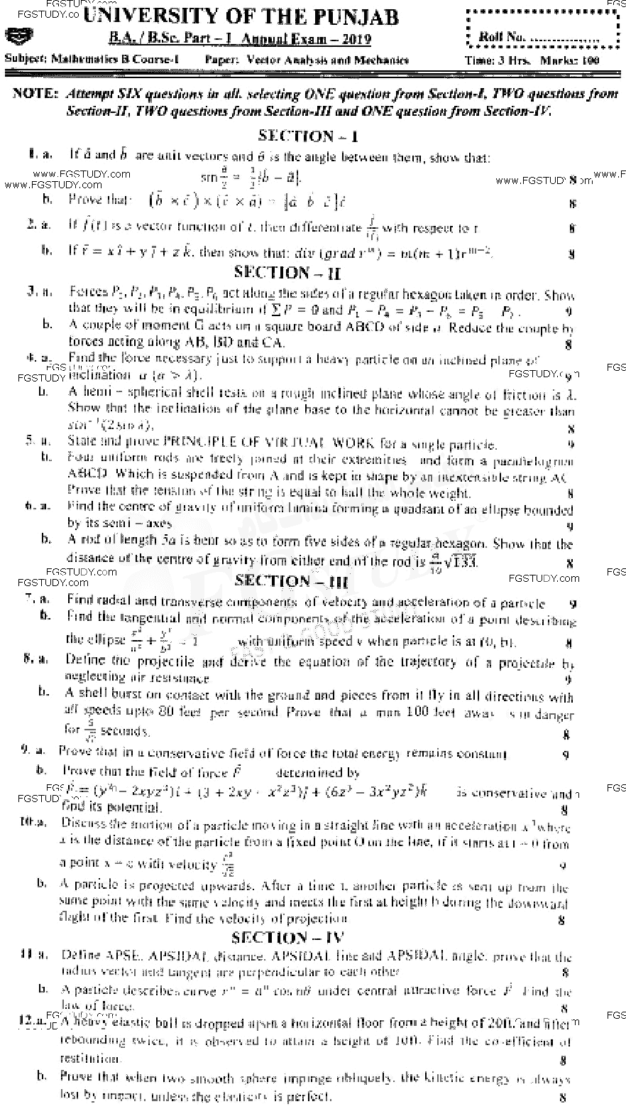 BSc Part 1 Mathematics B Course 1 Vector Analysis And Mechanics Past Paper 2019 Punjab University