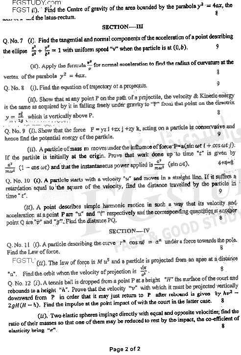 BSc Part 1 Mathematics B Course 1 Vector Analysis And Mechanics Past Paper 2020 Punjab University