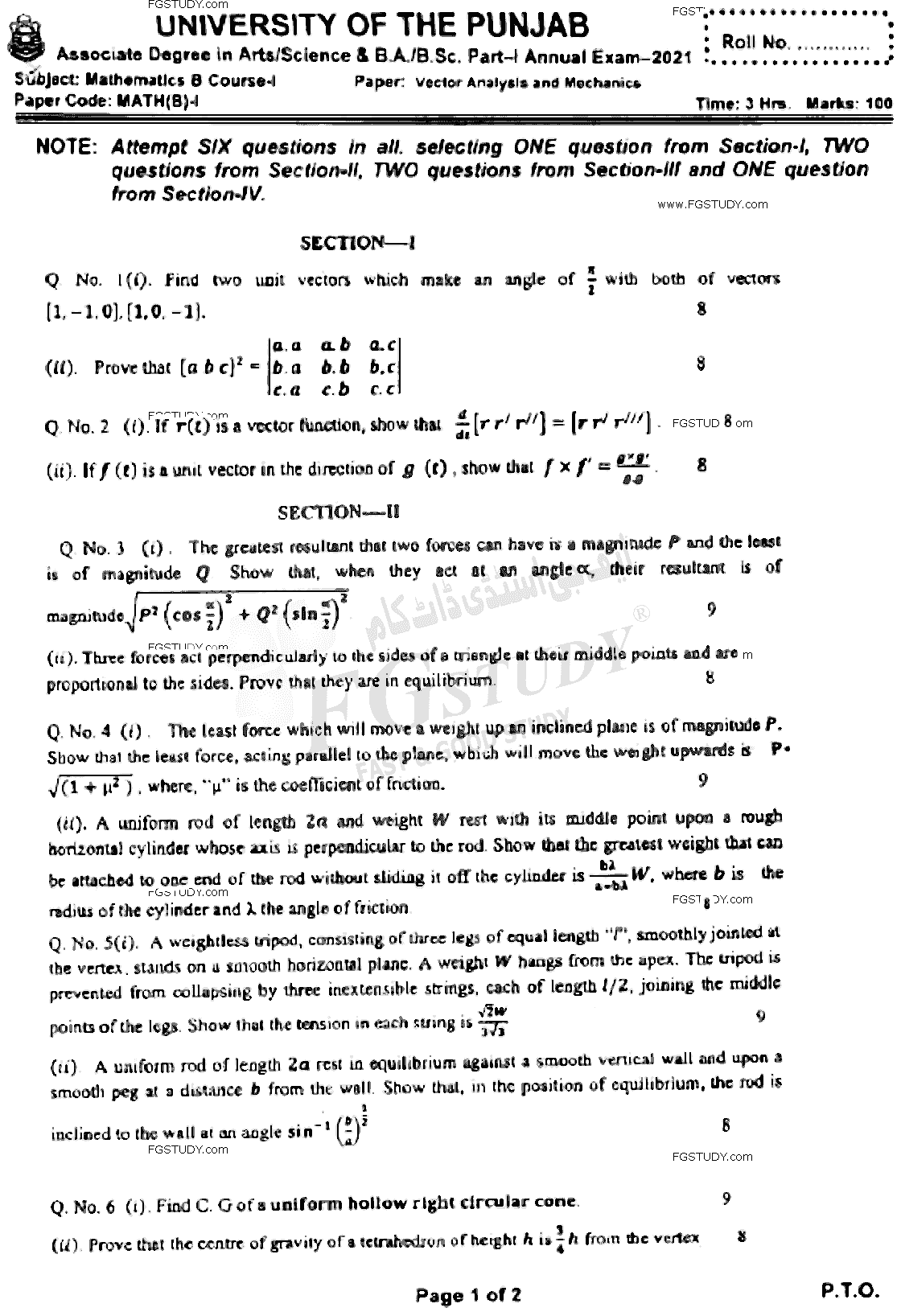 BSc Part 1 Mathematics B Course 1 Vector Analysis And Mechanics Past Paper 2021 Punjab University Subjective