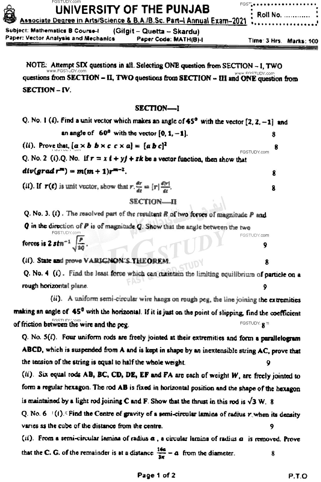 BSc Part 1 Mathematics B Course 1 Vector Analysis And Mechanics Past Paper 2021 Punjab University Subjective