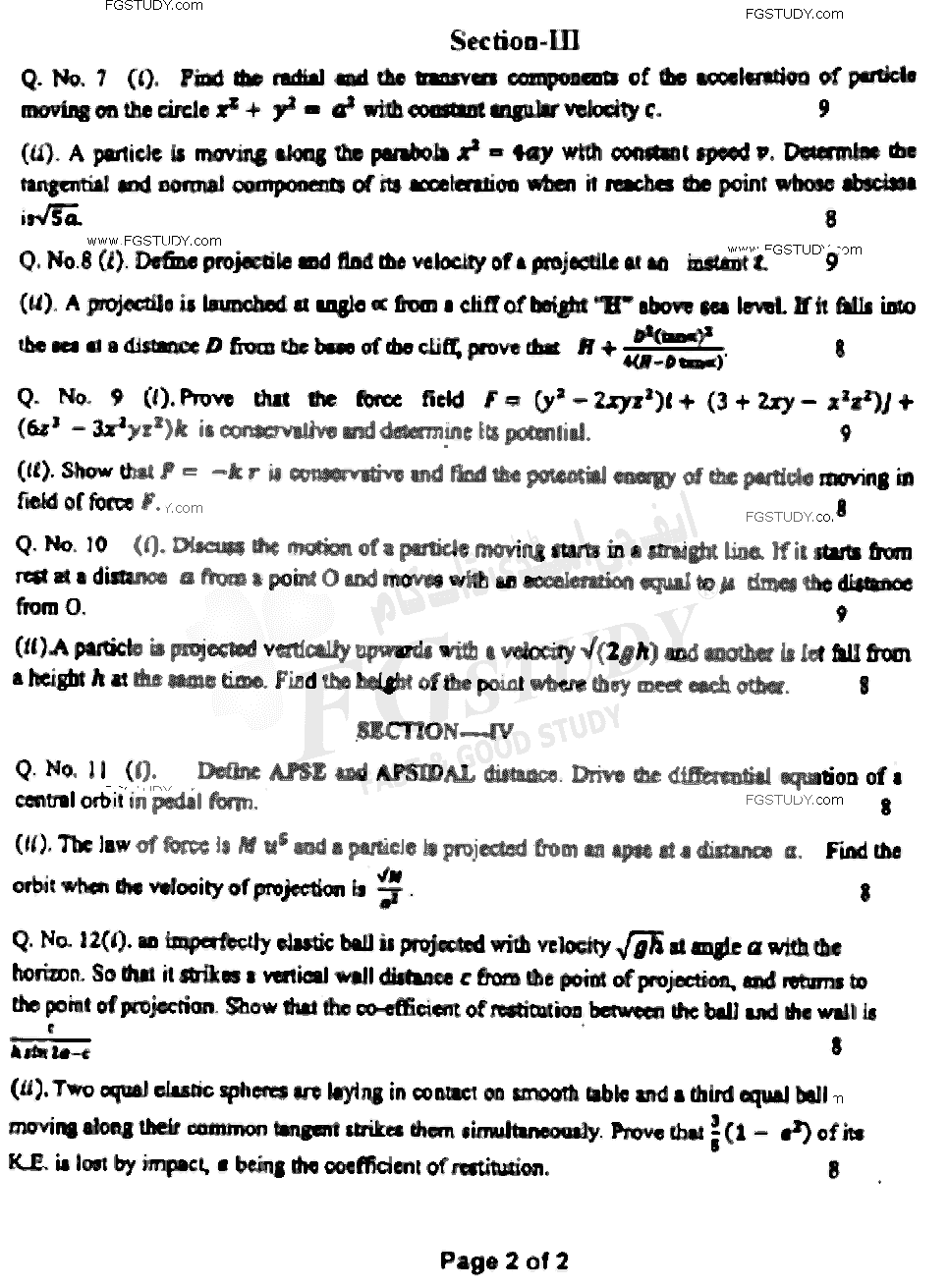 BSc Part 1 Mathematics B Course 1 Vector Analysis And Mechanics Past Paper 2021 Punjab University Subjective