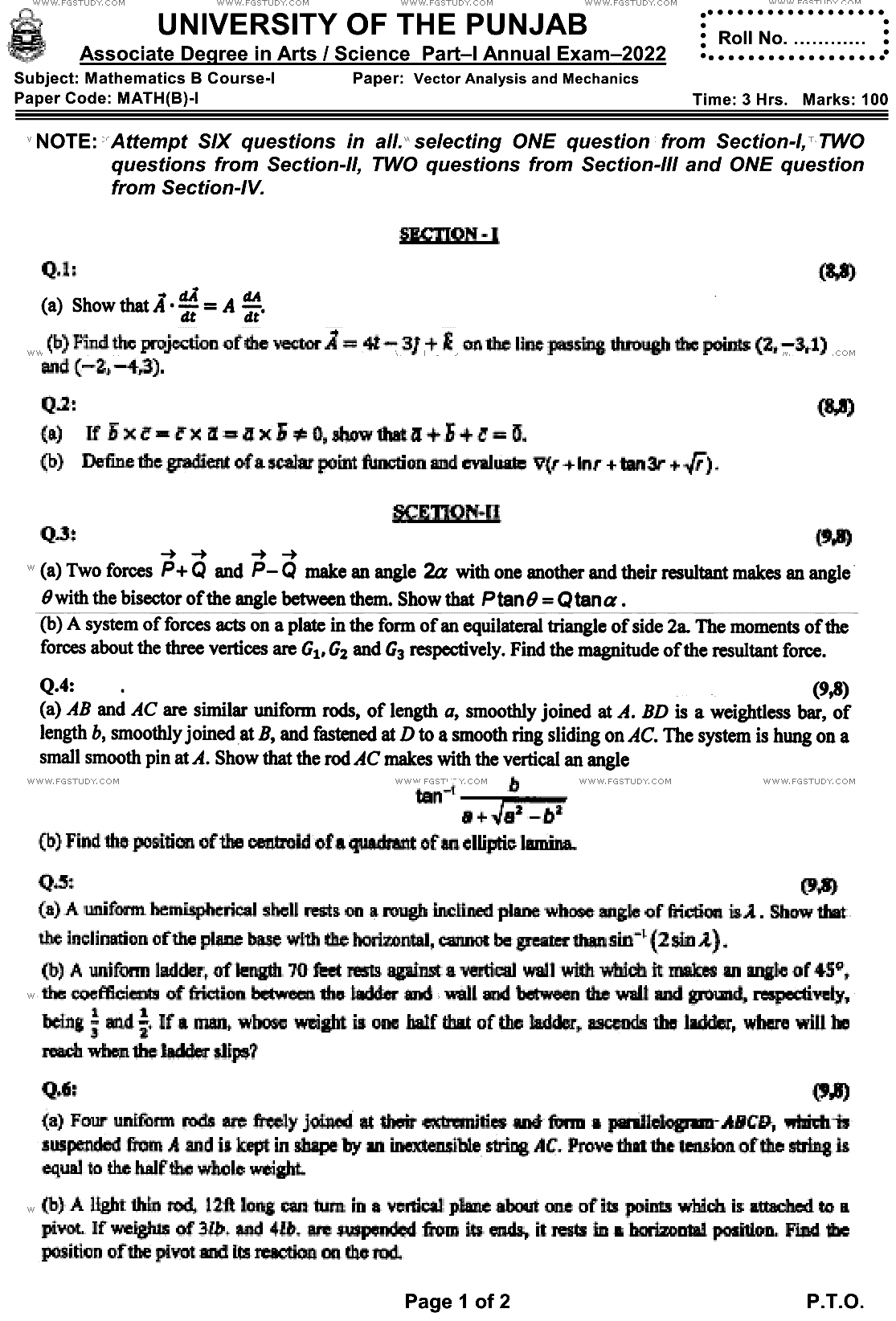 BSc Part 1 Mathematics B Course 1 Vector Analysis And Mechanics Past Paper 2022 Punjab University Subjective
