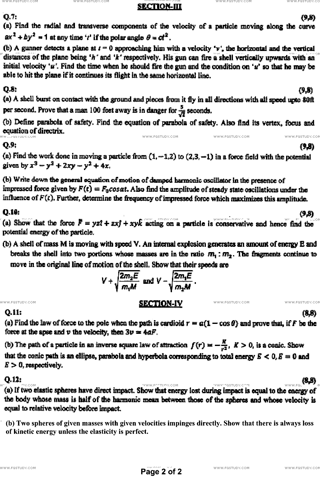 BSc Part 1 Mathematics B Course 1 Vector Analysis And Mechanics Past Paper 2022 Punjab University Subjective
