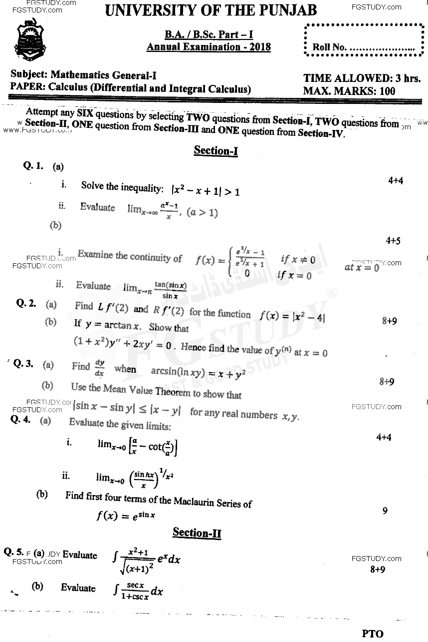 BSc Part 1 Mathematics General 1 Calculus Differential And Integral Calculus Past Paper 2018 Punjab University