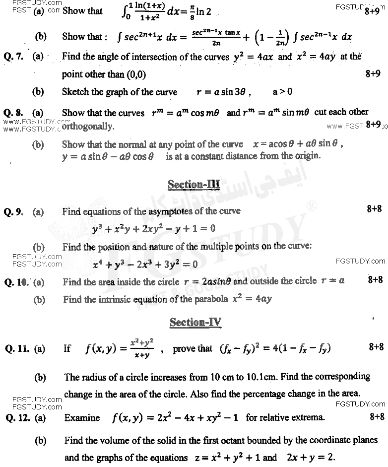 BSc Part 1 Mathematics General 1 Calculus Differential And Integral Calculus Past Paper 2018 Punjab University