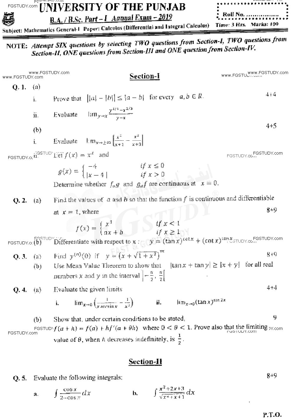 BSc Part 1 Mathematics General 1 Calculus Differential And Integral Calculus Past Paper 2019 Punjab University