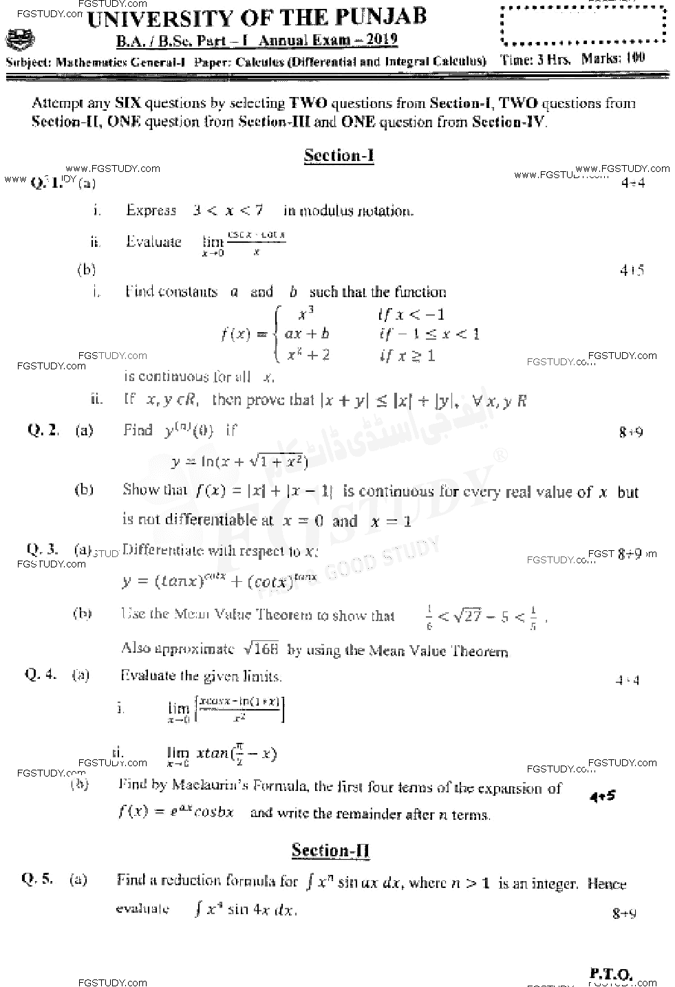 BSc Part 1 Mathematics General 1 Calculus Differential And Integral Calculus Past Paper 2019 Punjab University