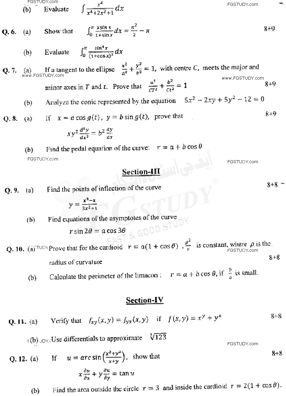 BSc Part 1 Mathematics General 1 Calculus Differential And Integral Calculus Past Paper 2019 Punjab University