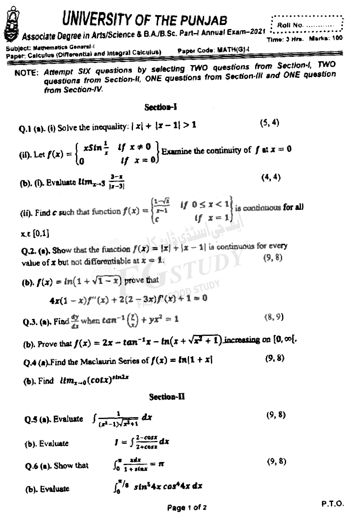BSc Part 1 Mathematics General 1 Calculus Differential And Integral Calculus Past Paper 2021 Punjab University Subjective