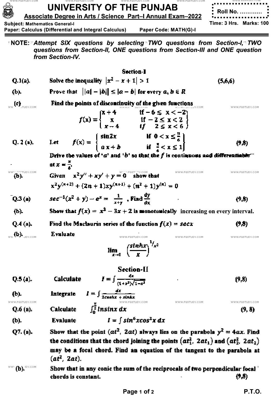 BSc Part 1 Mathematics General 1 Calculus Differential And Integral Calculus Past Paper 2022 Punjab University Subjective