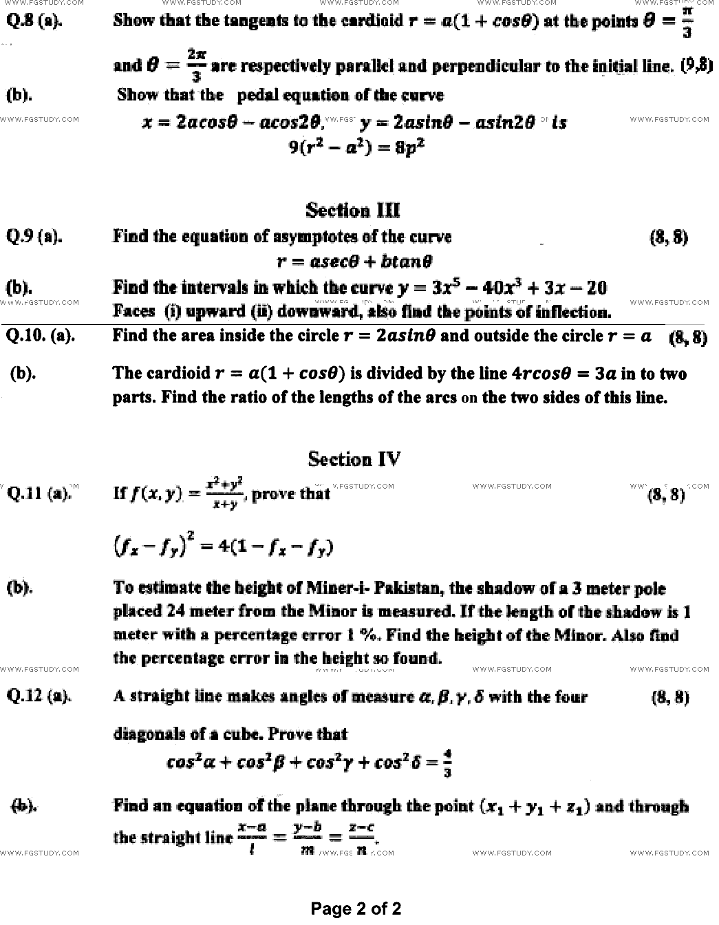 BSc Part 1 Mathematics General 1 Calculus Differential And Integral Calculus Past Paper 2022 Punjab University Subjective