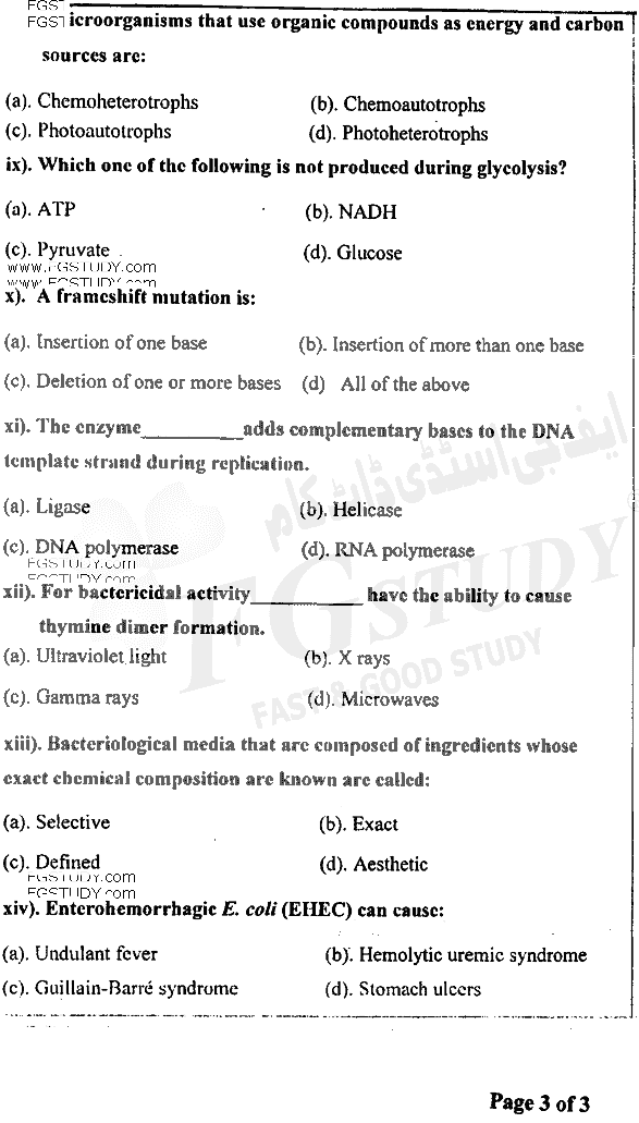 BSc Part 1 Microbiology 1 Fundamentals Of Microbiology Past Paper 2018 Punjab University Objective