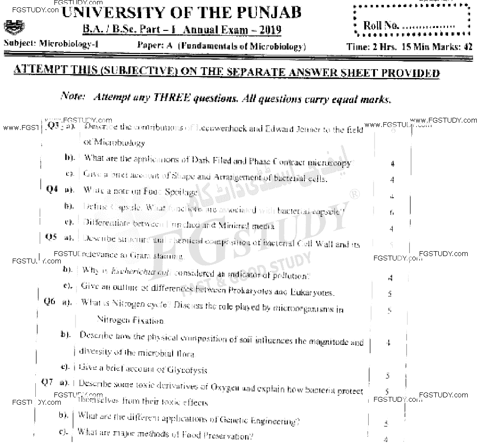 BSc Part 1 Microbiology 1 Fundamentals Of Microbiology Past Paper 2019 Punjab University Subjective