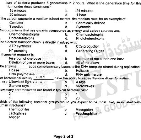 BSc Part 1 Microbiology 1 Fundamentals Of Microbiology Past Paper 2020 Punjab University Objective